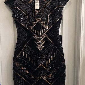 Express Black Sequin Mini Dress with Gold Geometric Accents